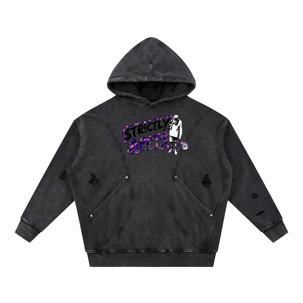 Snow Washed Distressed Panel Pocket Hoodie