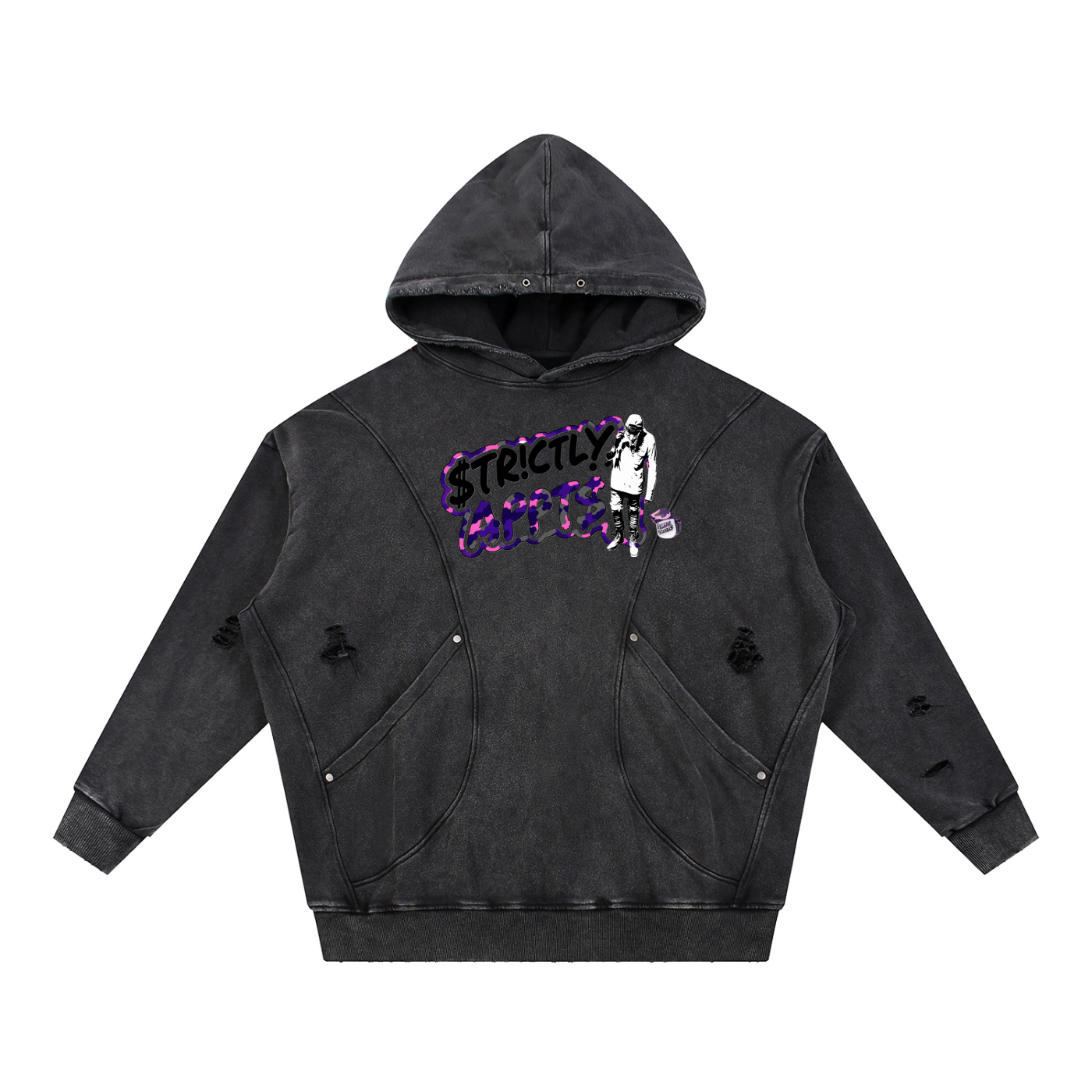 Snow Washed Distressed Panel Pocket Hoodie