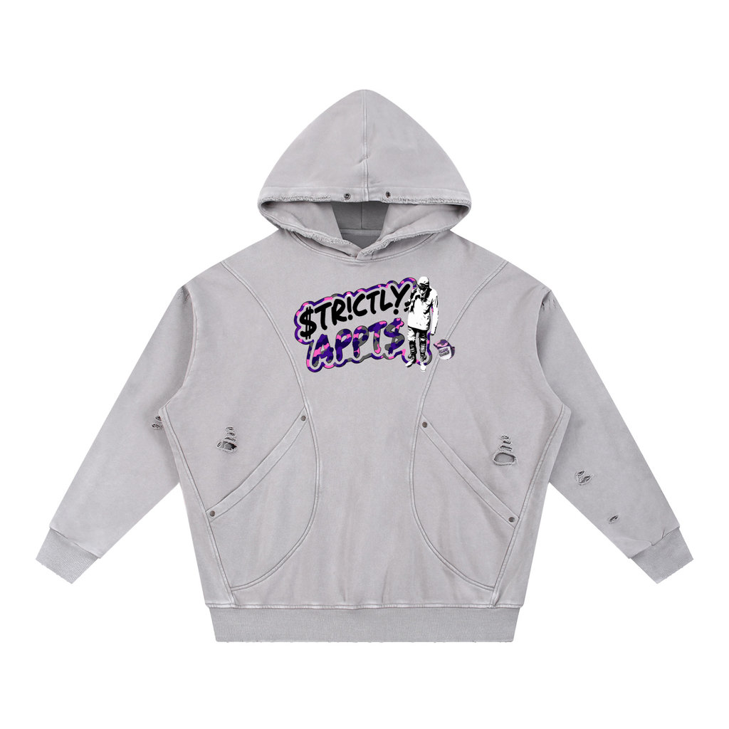 Snow Washed Distressed Panel Pocket Hoodie