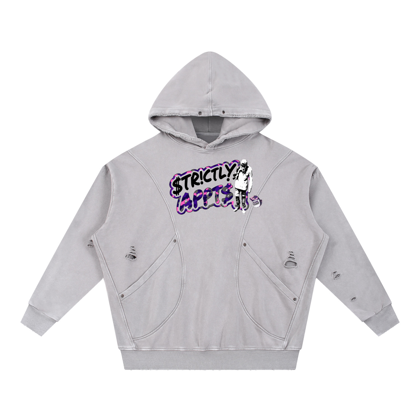 Snow Washed Distressed Panel Pocket Hoodie